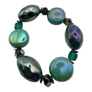 Vintage Stretch‎ Bracelet with Iridescent Green and Metallic Beads